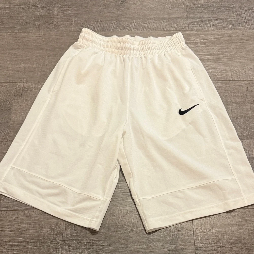 Nike Men's White Athletic Shorts with Black Swoosh